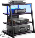 Besiost AV Media Stand with Outlets, Media Console with LED Lights, Stereo Racks and Stands with Storage Shelves, Media Audio Tower Cabinet, Black Enoby