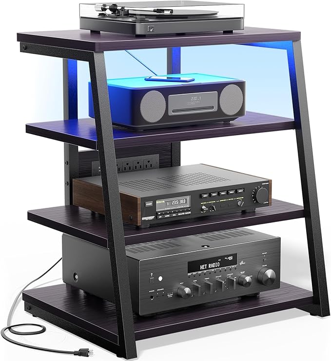 Besiost AV Media Stand with Outlets, Media Console with LED Lights, Stereo Racks and Stands with Storage Shelves, Media Audio Tower Cabinet, Black Enoby