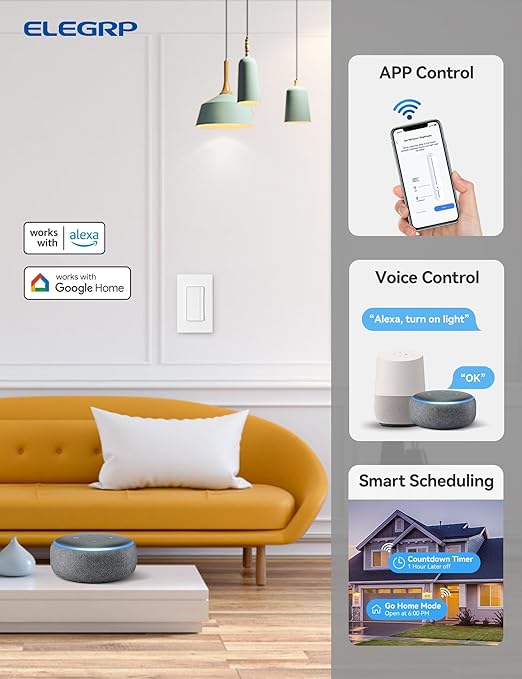 ELEGRP Single Pole Smart Dimmer Light Switch DPR10, 2.4GHz Wi-Fi Dimmer Switch Compatible with Alexa and Google Assistant, Needs Neutral Wire, No Hub Required, UL and FCC Listed, White, 6 Pack