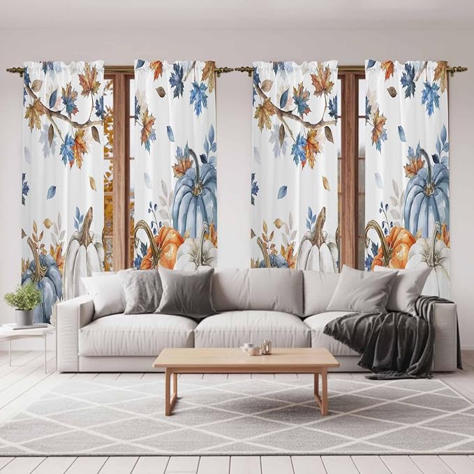 Navy Blue Pumpkin Fall Window Curtains 72 Inch Long 2 Panel Set, Rod Pocket - Image 7