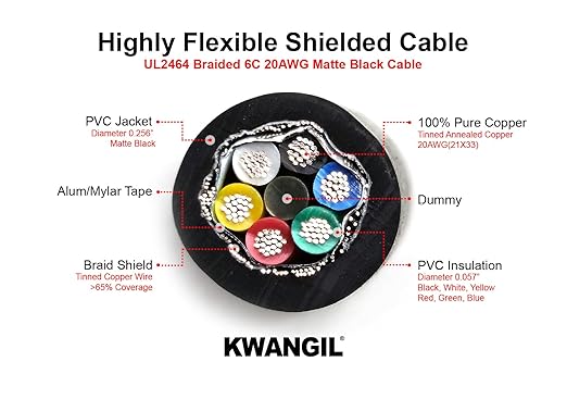KWANGIL 6C 20AWG AMSB Shielded Cable Wire (UL2464) - Highly Flexible Str TC, PVC Ins, OS+TC BRD, PVC JKT for CNC Machine, Stepper Motor, VFD Spindle (Matte Black 25FT)