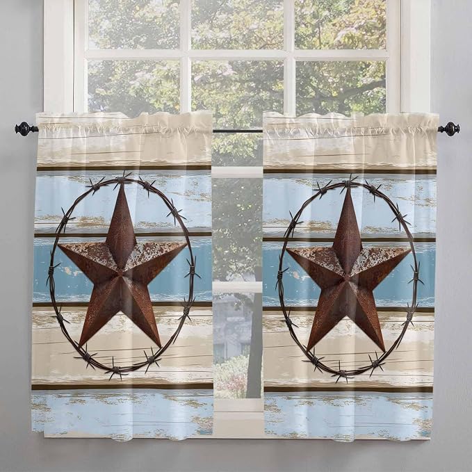 Vintage Western Star on Wood Grain Window Valance Curtains, Retro Wooden - Image 2