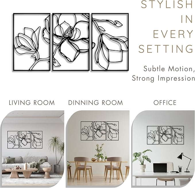 Wita Home Poppy Flower Metal Wall Art, 3-Panel Botanical Line Design, Modern Floral Wall Decor for Living Room, Bedroom, Office, Indoor & Outdoor Display (18×9 inches)