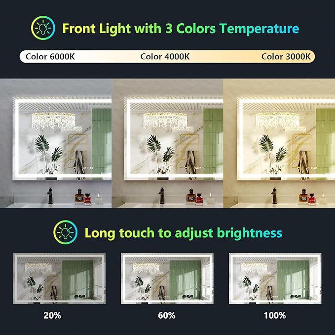 YEELAIT 65x36 Inch RGB LED Bathroom Mirror Front Light and RGB Backlit Lighted Vanity Mirror for Bathroom Wall Mounted Dimmable Anti Fog Memory Shatter-Proof IP54 Waterproof Horizontal/Vertical