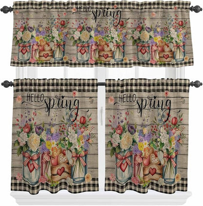 Spring Flowers Kitchen Curtain Set, Farmhouse Vintage Black Plaid Wood Grain by Unknown
