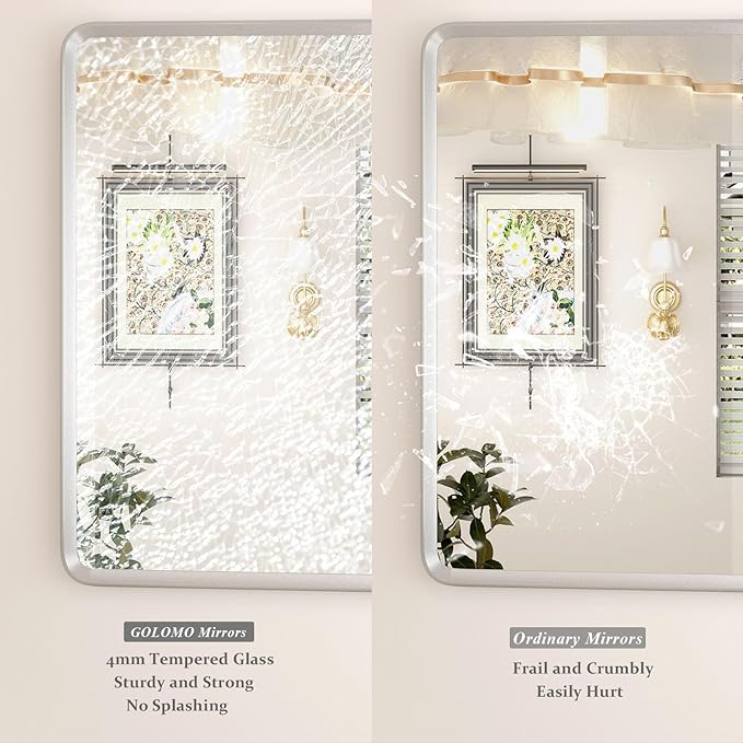 20x30 Inch Silver Framed Mirror, Silver Bathroom Vanity Mirror for Wall, Brushed Nickel, Rounded Rectangle Mirror, Shatterproof, Anti-Rust (Horizontal/Vertical)