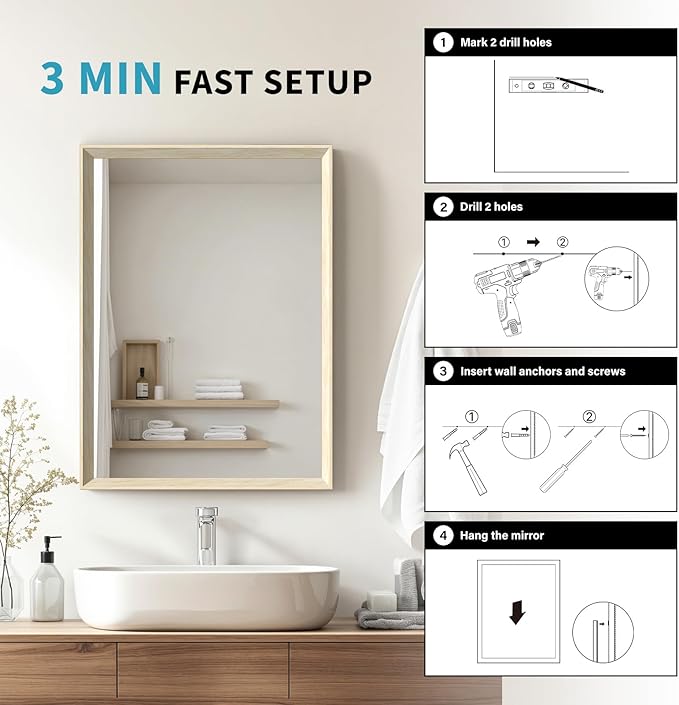 Oak Wood Effect Framed Wall Mirror, 30x48 Rectangle Mirror, Anti-desilvering Tempered Glass, Sustainable&Sturdy Frame, Anti-Rust, HD Reflection &3min Fast Setup for Bathroom Living Room
