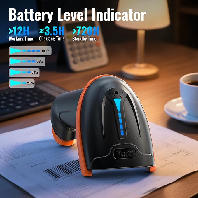 Tera 1D 2D QR Barcode Scanner Wireless and Wired with Battery Level Indicator Digital Printed Bar Codes Reader with Stand Portable Handheld Barcode Scanner Compact Plug and Play Model D5100-Z