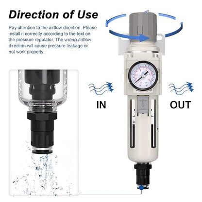 3/8"NPT Air Filter Regulator Combo Piggyback, 5 Micron Brass Element, Auto Drain - Image 4
