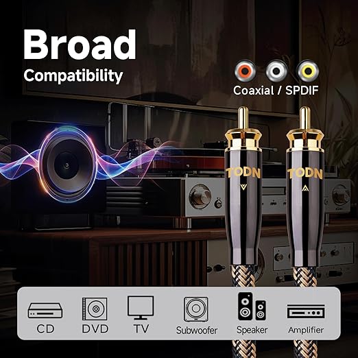 TODN Hi-end Digital Coaxial Cable for Audiophile 75-Ohm SPDIF RCA to RCA Audio Cable for TV, Amp, HiFi Systems (9.8ft /3m)