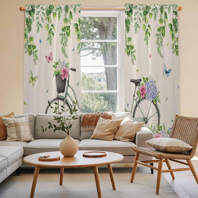 Farmhouse Spring Kitchen Curtains, Retro Bicycles Flowers Vines Butterfly Light - Image 3