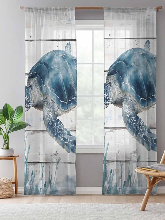 Sheer Curtains 96 Inches Long, Ocean Sea Turtle Semi Sheer Curtains Light - Image 5