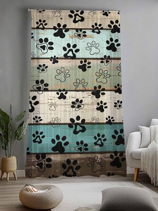 Sheer Curtains 108 Inches Long, Sage Green Brown Paw Prints Semi Sheer Curtains - Image 2