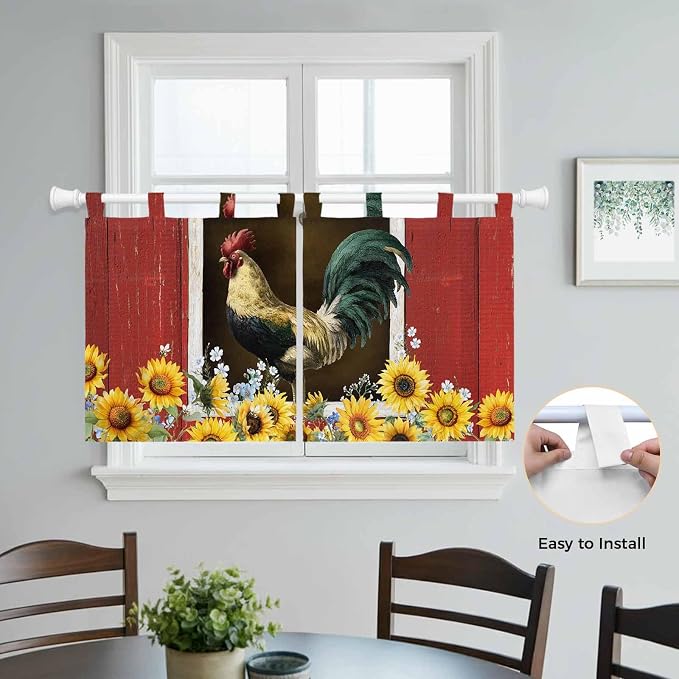 Chicken Sunflowers Kitchen Curtains 24 Inch Length, Small Window Curtains Tab - Image 4