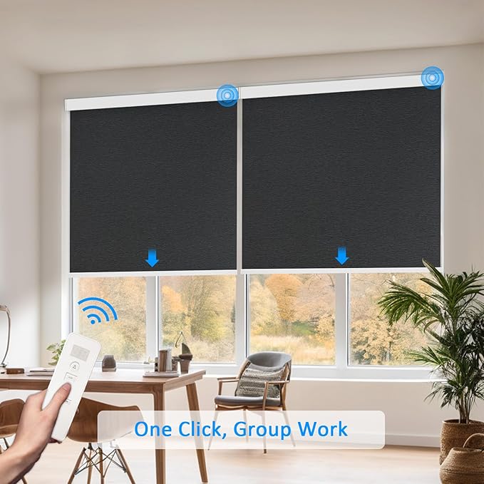 COOLWINDS Motorized Blinds with Remote Cordless Automatic Motorized Shades Custom Blinds for Windows Smart Curtains Compatible with Alexa Google Home(Blackout Jacquard Black,W25 x H72in)