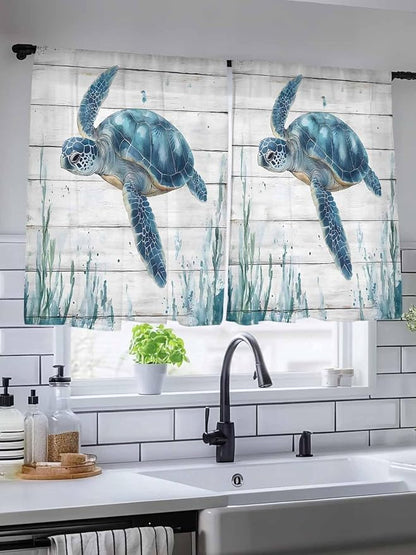 Sheer Curtains 45 Inch Length, Teal Green Ocean Turtle Semi Sheer Curtains - Image 5