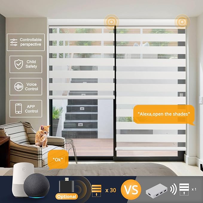 MUSCLEAREA Motorized Blinds with Remote, Cordless Automatic Zebra Shades, Smart Blind for Windows, White, 34 x 72