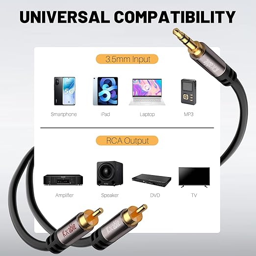 2 Pack 8FT 3.5mm to RCA Stereo Audio Adapter Cable, Auxiliary RCA Y Splitter Cord, Shielded Hi-Fi Sound Cord, For Headphone, MP3, Tablet, Speaker, HDTV & More