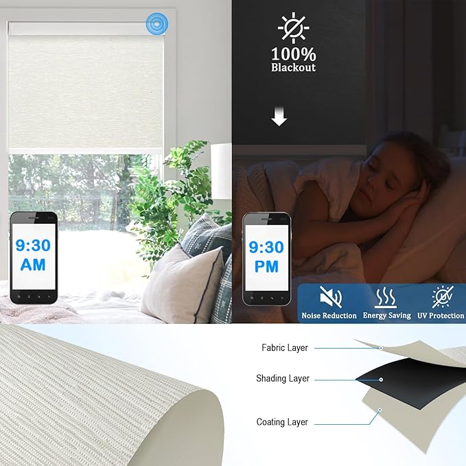 COOLWINDS Motorized Blinds with Remote Cordless Automatic Motorized Shades Custom Blinds for Windows Smart Curtains Compatible with Alexa Google Home(Blackout Jacquard Beige,W45 x H72in)