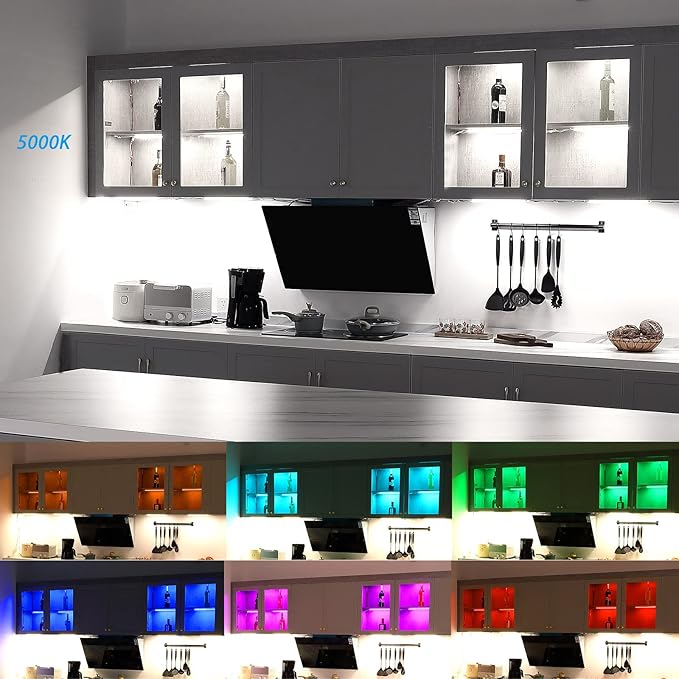 Under Cabinet LED Lights Kit. RGB Color Changing & Super Bright White Lighting. Dimmable with Remote. 6 pcs Linkable LED Light Strips with Power Supply, Extension Cords. Plug in. Max 24W. RGB + 5000K.