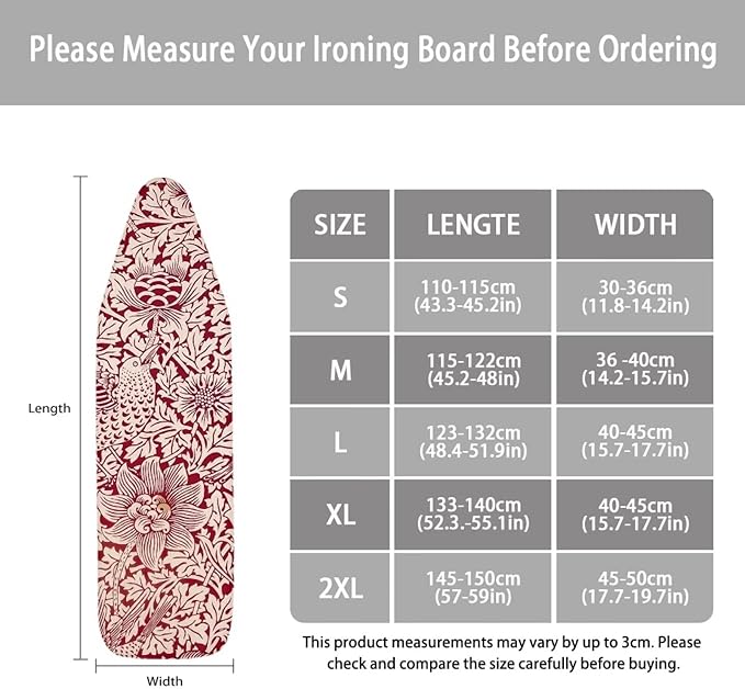 ZCFYGDX Vintage Red Floral Print Ironing Board Cover with Elastic Edge 3 Bottom Nylon Buckle Straps Breathable Resist Scorch Staining Suitable for Size-S Iron Board House William Morris Decor