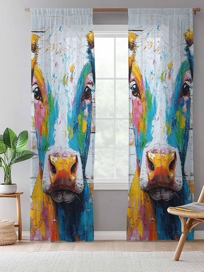 Sheer Curtains 96 Inches Long, Funny Colorful Cow Semi Sheer Curtains Light - Image 5