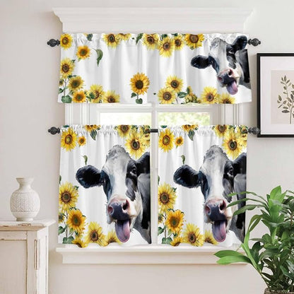 Kitchen Curtains Tiers and Valance Set of 3, Cow Sunflowers Light Filtering - Image 2