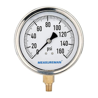 MEASUREMAN 4" Dial Size, Glycerin Filled Plumbing Pressure Gauge, Stainless by MEASUREMAN