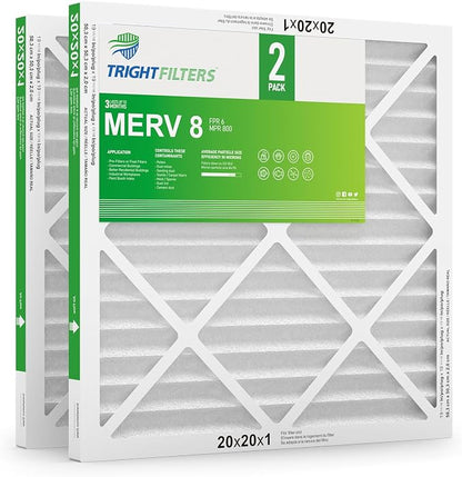 20x20x1 Air Filter 2 Pack, Durable MERV 8 Pleated Home HVAC AC Furnace Filters by TrightFilters