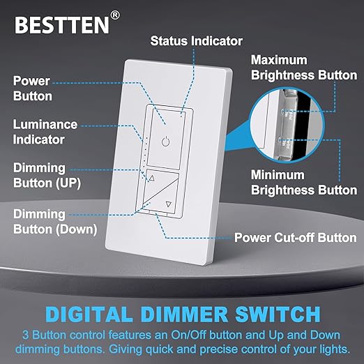 BESTTEN 10 Pack Super Slim Digital Dimmer with Air Gap Power Cut Off Switch, Single Pole or 3 Way Dimmable Light Dimmer Switch, 3 Button Control, Screwless Wallplate Included, ETL Listed, White