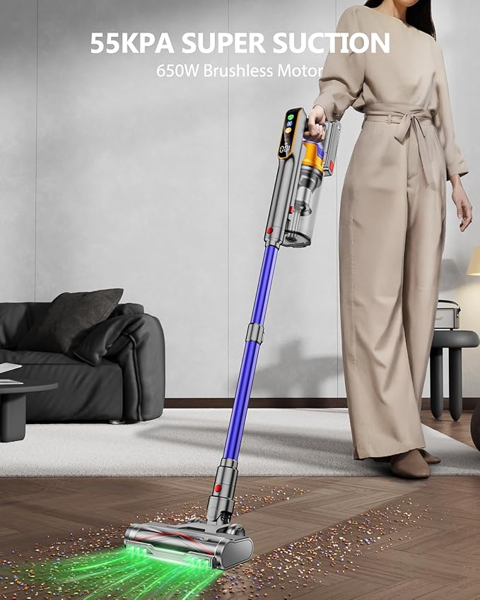 DIFFULL Cordless Vacuum Cleaner, 650W 55KPA 70Mins Vacuum Cleaners for Home, Stick Vacuum with 1.8L Cup, Anti-Tangle, 8-Stage Filter System, Green Light for Pet Hair, Carpet, Floor