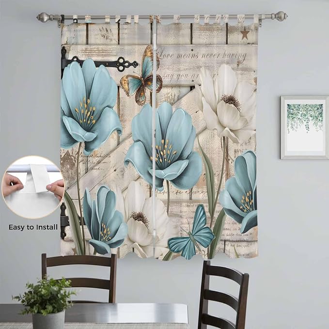 Teal Blue Tulips Living Room Curtains 96 Inch Length, Window Curtains Tab Top - Image 4