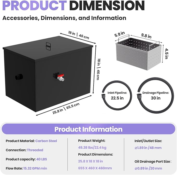 Commercial Grease Interceptor 40 LBS Carbon Steel Grease Trap, 15 GPM Flow Rate - Image 2