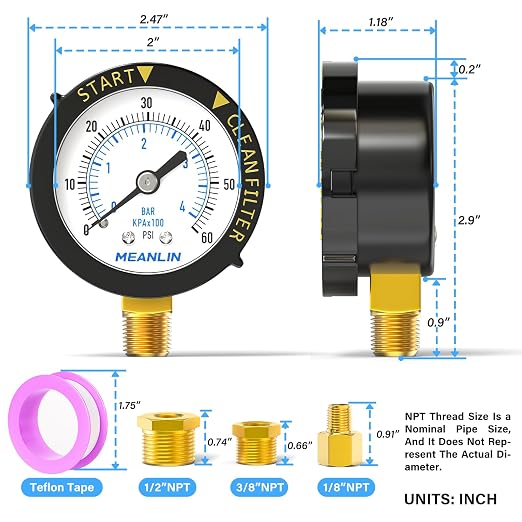 MEANLIN MEASURE 0~60Psi Plastic Frame 1/4" NPT Start and Clean Filter Pressure - Image 2