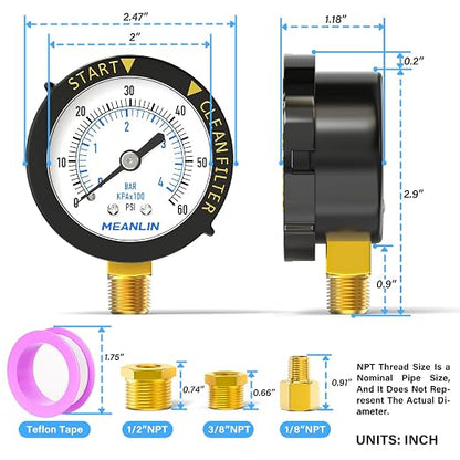 MEANLIN MEASURE 0~60Psi Plastic Frame 1/4" NPT Start and Clean Filter Pressure - Image 2