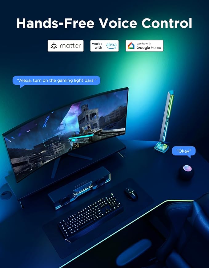 Govee Gaming Light Bars Pro, Upgraded 16-Inch Smart Triple-Sided RGBIC Illumination Wi-Fi LED Gaming Lights, Music Sync & 60+ Scene Modes, Works with Alexa & Google Home, Game Room Decor