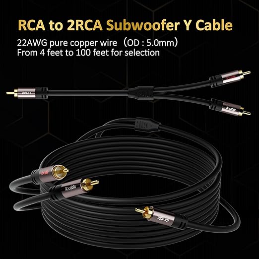 RCA Y-Adapter Splitter Cable (2 Pack-10FT+10FT), 1 RCA Male to 2 RCA Male Stereo Audio Subwoofer Cable, Bi-Directional, for Home Theater, Hi-Fi System, Amplifier, Speaker, 24K Gold Plated, OD:5.0MM