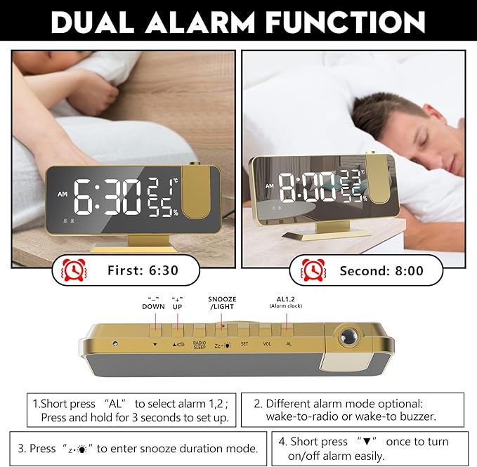 Mightree Projection Alarm Clock for Bedroom, Digital Alarm Clock with USB Charger, 7.4" Large LED Mirror Display Radio Alarm Clock, Dual Smart Alarm with Projection on Ceiling, Rich Gold