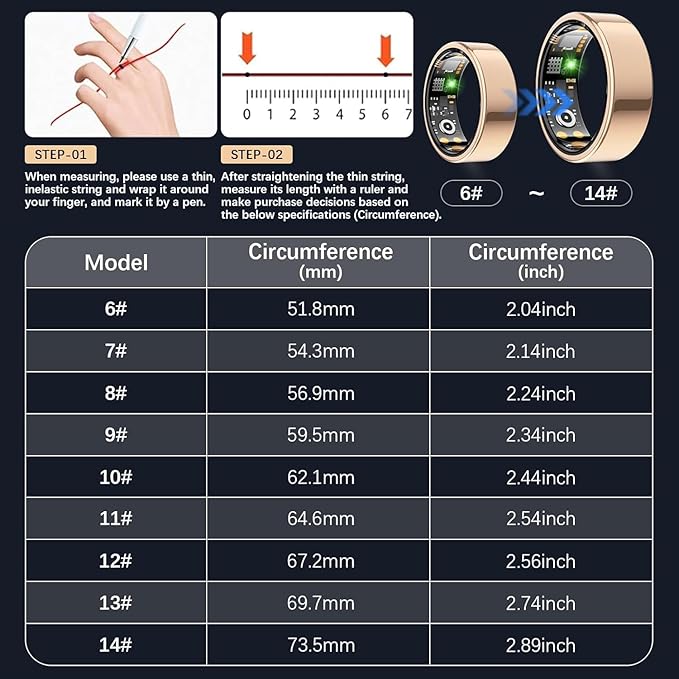 Smart Health Ring for Women Men, Fitness Ring with Heart Rate, HRV, Blood Oxygen, Sleep Tracker, Step Tracker, No Subscription Fee, IP68 Waterproof Smart Ring for iPhone & Android (Rose Gold, 10#)