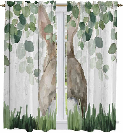 Easter Kitchen Curtains, Country Rabbit Botanical Leaves Wooden Grain Light by Unknown