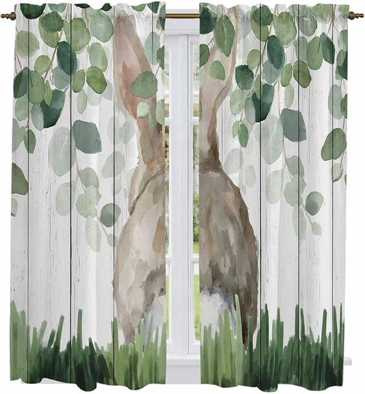Easter Kitchen Curtains, Country Rabbit Botanical Leaves Wooden Grain Light by Unknown