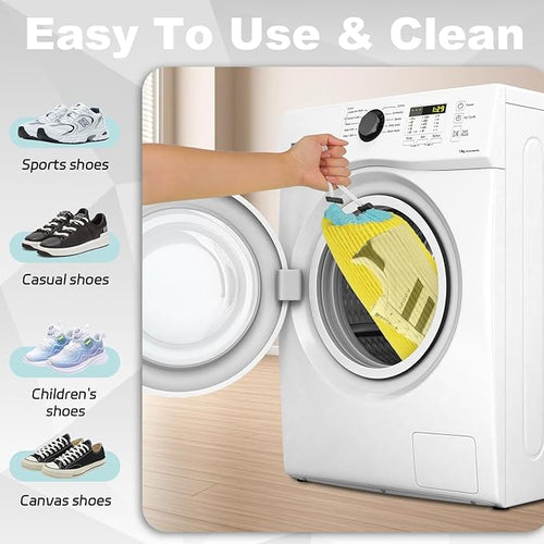 2Pcs Shoe Washing Machine Bag with Secure Drawstring Closure，Reusable，Cleaning Bag for All Shoe Types，Includes 2 Storage Dust Bags And 2 Adjustable Trees (Yellow)
