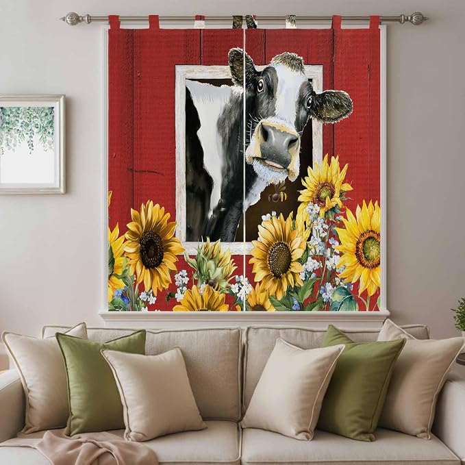 Cows Sunflowers Bathroom Curtains 63 Inch Length, Window Curtains Tab Top - Image 9