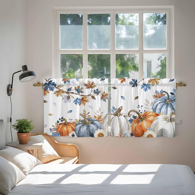 Navy Blue Pumpkin Fall Kitchen Tier Curtains 24 Inch Long 2 Panel Set, Rod - Image 4