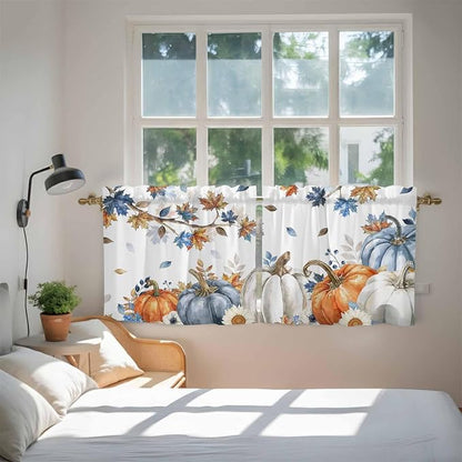 Navy Blue Pumpkin Fall Kitchen Tier Curtains 36 Inch Long 2 Panel Set, Rod - Image 4