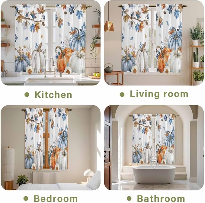 Navy Blue Pumpkin Fall Window Curtains 63 Inch Long 2 Panel Set, Rod Pocket - Image 8