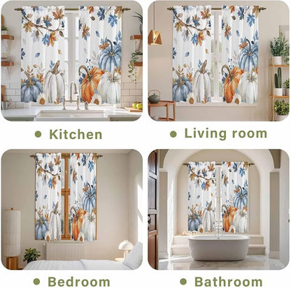 Navy Blue Pumpkin Fall Window Curtains 63 Inch Long 2 Panel Set, Rod Pocket - Image 8