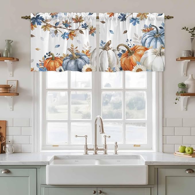 Navy Blue Pumpkin Fall Kitchen Tier Curtains 36 Inch Long 2 Panel Set, Rod - Image 3