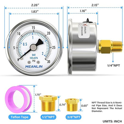MEANLIN MEASURE 0~30Psi Dry Low Pressure Gauge Stainless Steel 1/4" NPT 2" FACE - Image 2