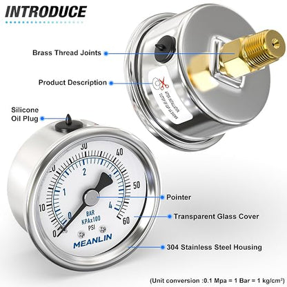 MEANLIN MEASURE 0~60Psi Dry Pressure Gauge Stainless Steel 1/4"NPT 2"FACE DIAL - Image 4